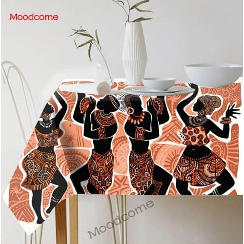 Fashion Africa Dancing Black Woman Lady Girl Cartoon Black Art Cotton Linen Waterproof Dining Table Cover Wall Art Table Cloth