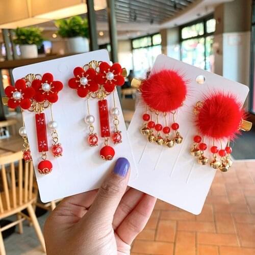 Chinese Spring Festival Style Tassel Hair Clips Red Kid Girl Pompom Tassel Hair Clips Hairpin Hanfu Accessory New Year Gift
