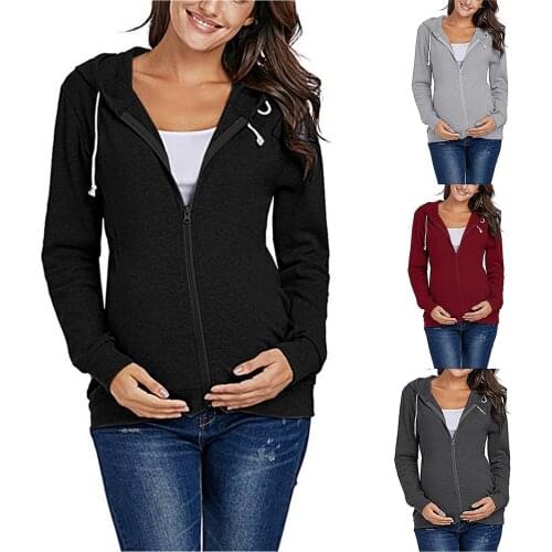 Womens Maternity Casual Long Sleeve Solid Zip Up Hoodie Sweatshirt With Pockets Autumn Pregnant Clothes Одежда для беременных