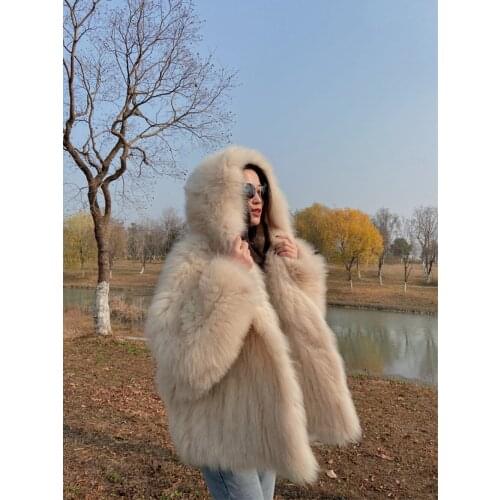 Real Fox Fur Coat Women 2021 Girls Winter Knitted Natural Fox Fur Jacket With Hood New Arrival