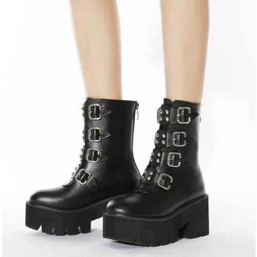 Winter Gothic Punk Womens Platform Boots Black Buckle Strap Zipper Creeper Wedges Shoes Mid Calf Military Combat Boots big size