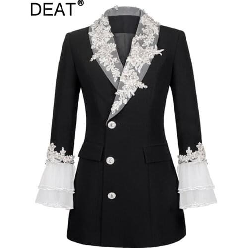 DEAT 2021 new spring and summer fashion women clothes single breasted lace patchwork V-neck flare sleeves slim blazer WP84801L