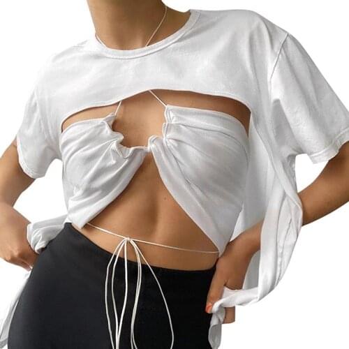 2021 Woman Summer Solid Color Pullover Shirt + Halter Bandage Crop Top Outfits O-neck Pullover Top + Lace-up Wrap Top for Party