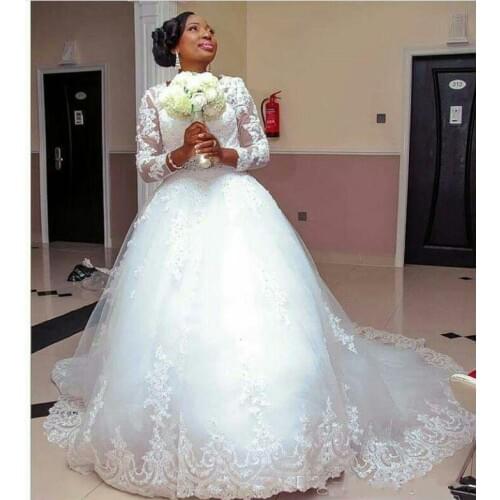 Classic Ballgown African Vestidos De Novia Lace Appliques Long Sleeves Puffy Plus Size Bridal Gowns