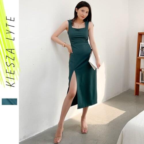 Women Elegant Bodycon Dress 2021 New Summer Square Neck Slip Midi Green Club Celebrity Party Dresses Clothes