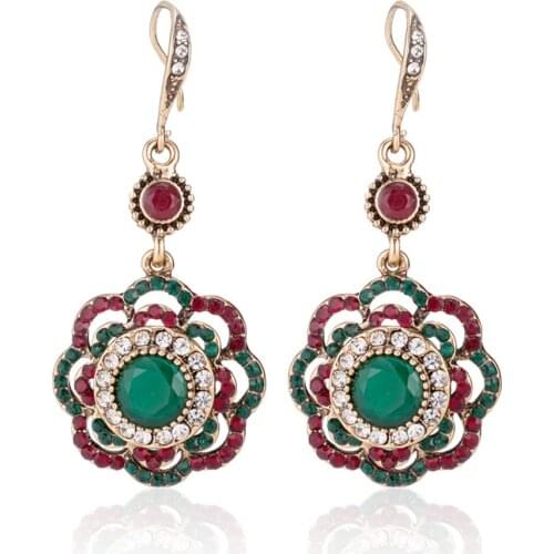 1 Pair Vintage Rhinestone Hollow Flower Drop Earrings Ethnic Green Gem Metal Dangler Women Fashion Chic Earrings Jewelry
