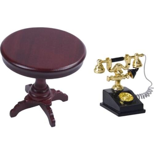 1Pcs 1/12 Dollhouse Miniature Retro Phone Vintage Phone & 1Pcs Wooden Furniture Miniature Round Table