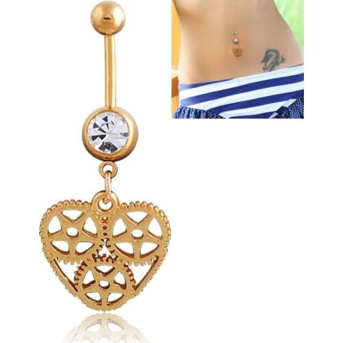 1 pc gold and silver color Rhinestone Crystal gear Heart Barbells Navel Belly Bar Button Ring Body Piercing jewelry