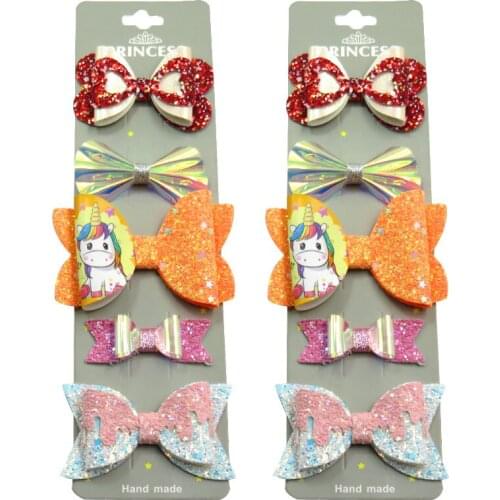 10PCS/SET Pretty Orange Unicorn Baby Girls Clip Leather Bow Child Tie Knot Creativity Handmade Hairpins Hair Accessories For Kid