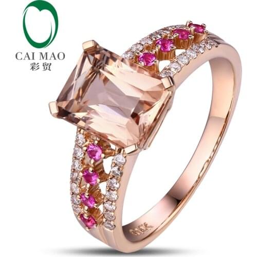 18K Rose Gold 2.18CT Emeral Cut Morganite 0.32ct Diamond Ruby Engagement Ring Free shipping