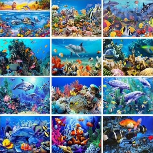 Huacan Diamond Painting Fish Dolphin Mosaic Ocean Embroidery Animal Scenery Cross Stitch Home Decor Diamond Art