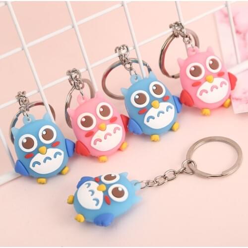 1PCS Lovely Soft PVC Owl Key Ring Cute Cartoon Animal Key Holder Fashion Bag Jewelry Accessories Silicone Keychain Blue Pink