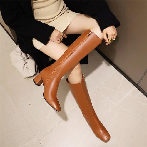 Band Designer Faux Leather Women Knee High Boots Square Toe Boots Women Long Thin Block High Heel Boots Brown Black Apricot31-43