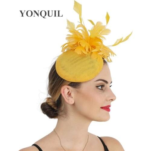 Elegant Ladies Yellow Hair Fasciantor Wedding Hat With Hairpin Fancy Feather Flower Headwear Mesh Hair Accessories Party Fedora