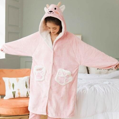 Unisex MEN WOMEN Flannel Sleepwear Winter pink sheep Bathrobes Warm Robe Loose Hooded Coat Outerwear (Pants not include)