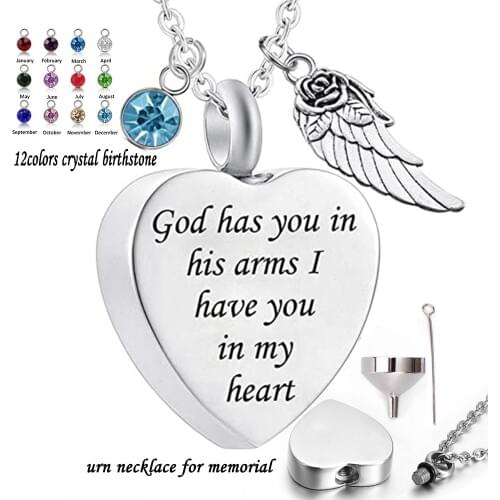 God has You in his arms with Angel Wing Charm Cremation Ashes Jewelry Keepsake Memorial Urn Necklace with Birthstone Crystal