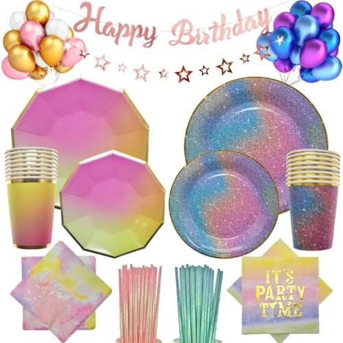 Rainbow Gradient Color Disposable Tableware Set Bronzing Decorating Paper Plate Cup Straw for Wedding Girl Birthday Party Supply