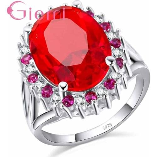 Free Shipping Luxury Exquisite Red Round Crystal Ring Wedding Ceremony Jewellery 925 Sterling Silver Cubic Zirconia