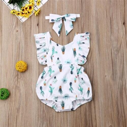 Cute Summer Toddler Baby Girl Ruffle Cactus Print Romper Backless Jumpsuit Headband Outfits Baby Girls Clothes Set