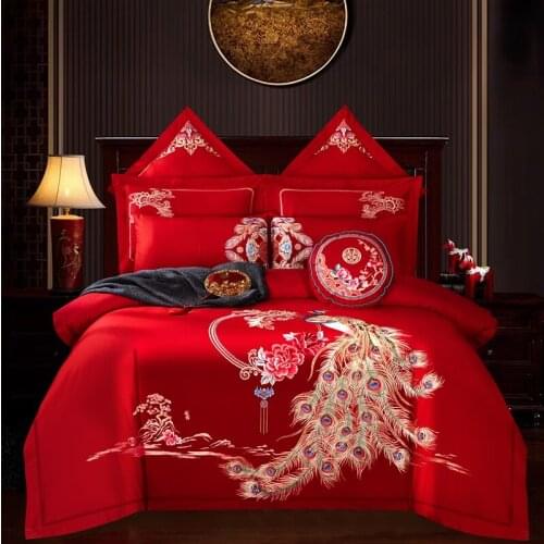 Luxury Gold Phoenix Embroidery Red Chinese Wedding 100S Egyptian Cotton Bedding Set Duvet Cover Bed Sheet Bedspread Pillowcase