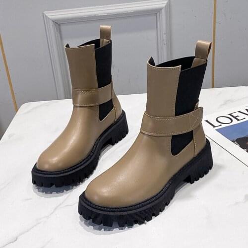 Fashion Buckle Thick-soled Chelsea Boots Women 2021autumn Round Head Ankle Boots Women PU Leather Casual Short Boots Women Shoes