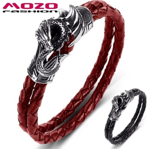 MOZO FASHION 2020 New Men Jewelry Black Genuine Leather Bracelet Stainless Steel Punk Dragon wings Bracelet Gift for man Gift549