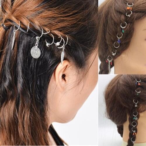 New Hair Braided 7/8 Pcs/set Retro Coin Colorful Beads Pendant Charms Rings Set Hair Clip Headband Accessories for Pierced Braid