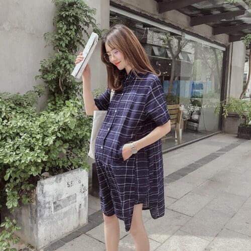 Summer New Maternity Dresses Vestido Pregnancy Dress Short-sleeved Plaid Pregnant Women Shirt Loose Retro Long Blouse Clothing