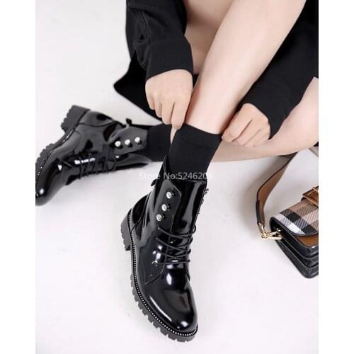 New Patent Leather Lace Up Round Toe Ankle Boots New Autumn Winter Susanna Chunky Heels Women Boots Motorcycle Women Shoes