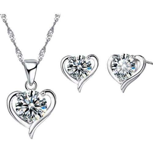 New 925 Sterling Silver Cubic Zircon Heart Shape Fine Jewelry Sets for Women Wedding Necklace Earrings Sets