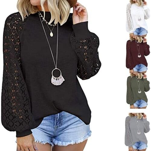 Autumn Women Solid Long Sleeve Lace Patchwork Hollow Out Casual Shirts Blouse Tops