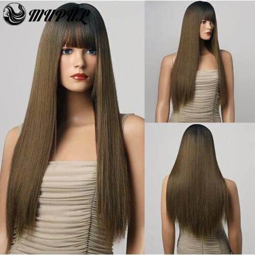 Long Straight Brown Ombre Natural Daily Synthetic Wig For White Women With Bangs Daily Fiber Heat Resistant Hair Party Female