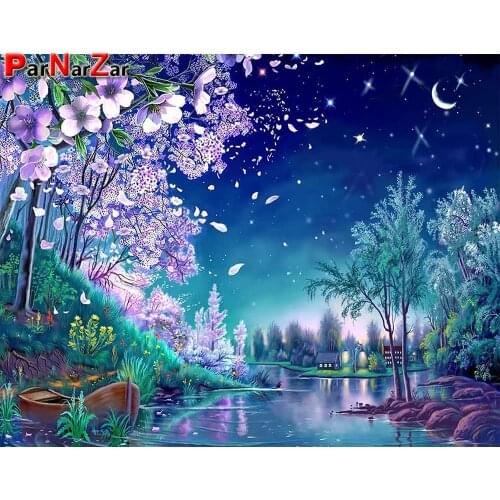 ParNarZar Creek At Moonlight Landscape 5d Art Diy Cross Stitch Embroidery Set Diamond Painting Kit Full Drill Square Rhinestones