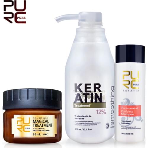 PURC Brazilian keratin 12% Formalin 300ml Keratin Treatment Set & Magical Hair Mask Straightening Smoothing Hair Care