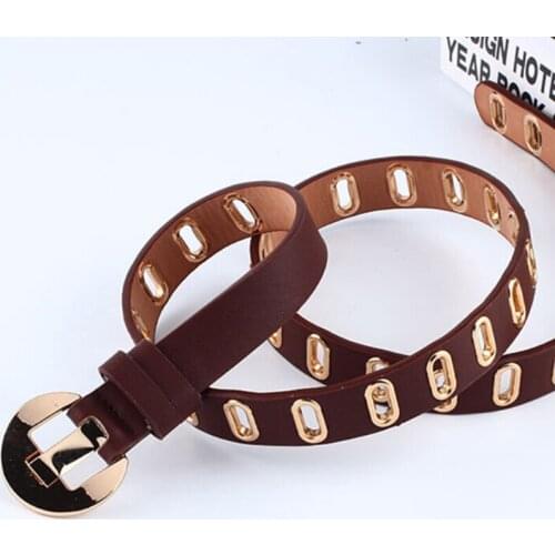 2.3cm Wide Black White Grommet Narrow Eyelet Square PU Leather Women Belt Alloy Pin Buckle Female Waistband Jeans Belts