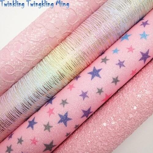 Pink Lace Glitter leather, Stars Printed Glitter Leather, Rainbow Fabric For Bow A4 21x29CM Twinkling Ming KM256