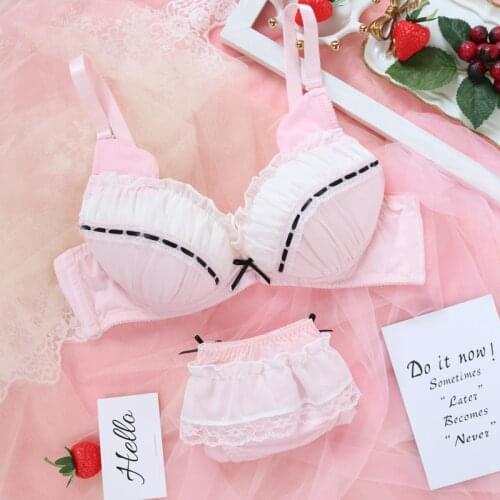 Sexy Young Girl Womens Cute Cat Underwear Set Sweet Lolita Bow Lace Trim Bra & Panties Set Lingerie Set Push Up Bra set Pink