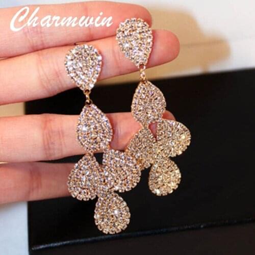 Charmwin Exaggerated Long Drop Earrings New Fashion Brand Luxury Full Rhinestone Dangle Earrings For Women Jewelry Gift