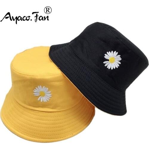 Summer Women Bucket Fishing Hats Sunscreen Sun Cap Little Daisies Embroidery Double-sided Wear Spring Lady Student Fisherman Hat