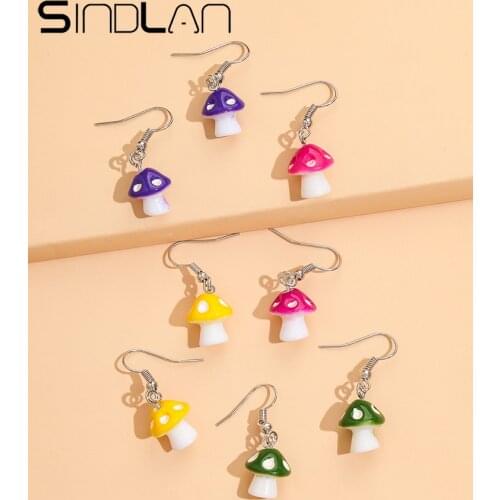 Sindlan 4 Pairs Multicolor Mushroom Earrings for Women Kpop Cute Pendientes Set Kolczyki Young Girl Ears Jewelry Gift Oorbellen