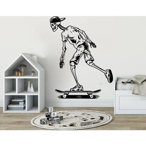 Large Skateboard Skull Wall Sticker Kids Room Skating Skateboarding Wall Decal Bedroom Vinyl Home Decor
