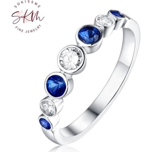 SKM Round Brilliant diamond Wedding band white gold Blue Sapphire Dainty half eternity band bezel set Simple rings
