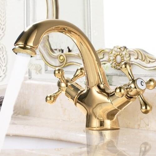 Basin Faucets Gold Color Brass Bathroom Sink Faucet Double Cross Handle Bath kitchen Mixer Hot and Cold Tap ZD1203