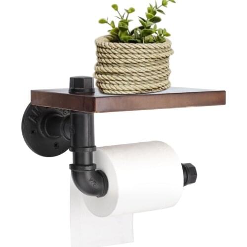 Modern Bathroom Shelves Industrial Retro Iron Toilet Paper Holder Bathroom Hotel Roll Paper Tissue Hanging Rack Wooden Shelf