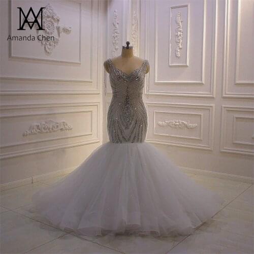 Vestido novia civil Cap Sleeve Mermaid Rhinestone Crystal Handmade Wedding Dress