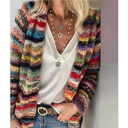 Retro Colorful Striped Print Open Stitch Sweater Women 2021 Spring Long Sleeve Knitted Sweater Casual Loose Streetwear Lady Tops