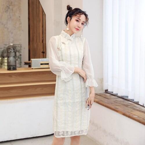 SWEETXUE 2021Retro Improved Cheongsam Embroidered Dress Slim Temperament Mesh Stitching Chic Modern Dress With Flared Sleeves