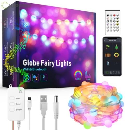 Smart Globe String Light WiFi-Bluetooth Colorful Decora Fairy Garland Light With Remote Music Sync Indoor Outdoor String Lights