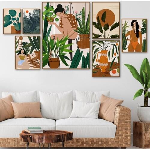 Vintage Girl Flower Leaf Monstera Plant Vase Wall Art Canvas Painting Nordic Posters And Prints Pictures For Living Room Decor