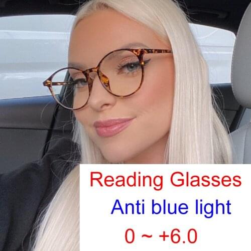 Vintage Leopard Round Transparent Reading Glasses Women Blue Protection Computer Glasses Female Magnifying Eyeglasses Plus 2